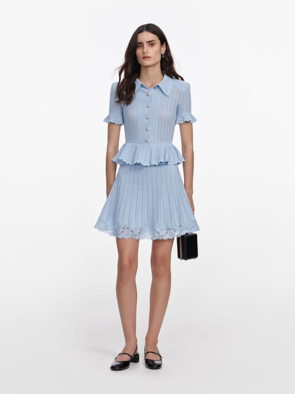 NWOT Self-Portrait Blue Pointelle Peplum Knit Mini Dress, Size L